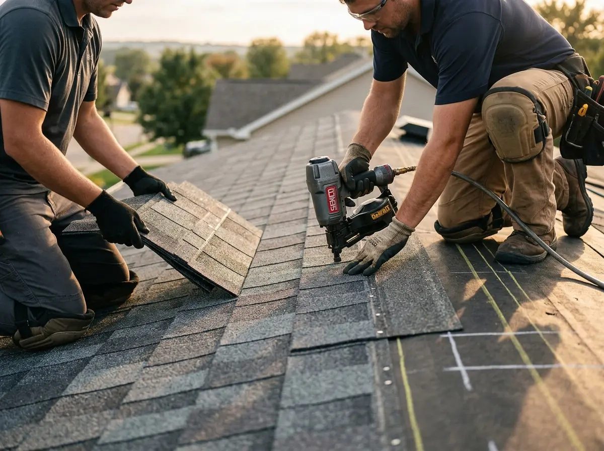 Professional roofer working on a residential roof in Prairie du Chien